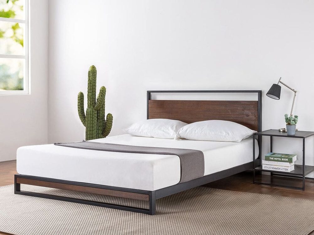 Wood Accent Metal Bed Frame with 2 Side Tables - Image 2