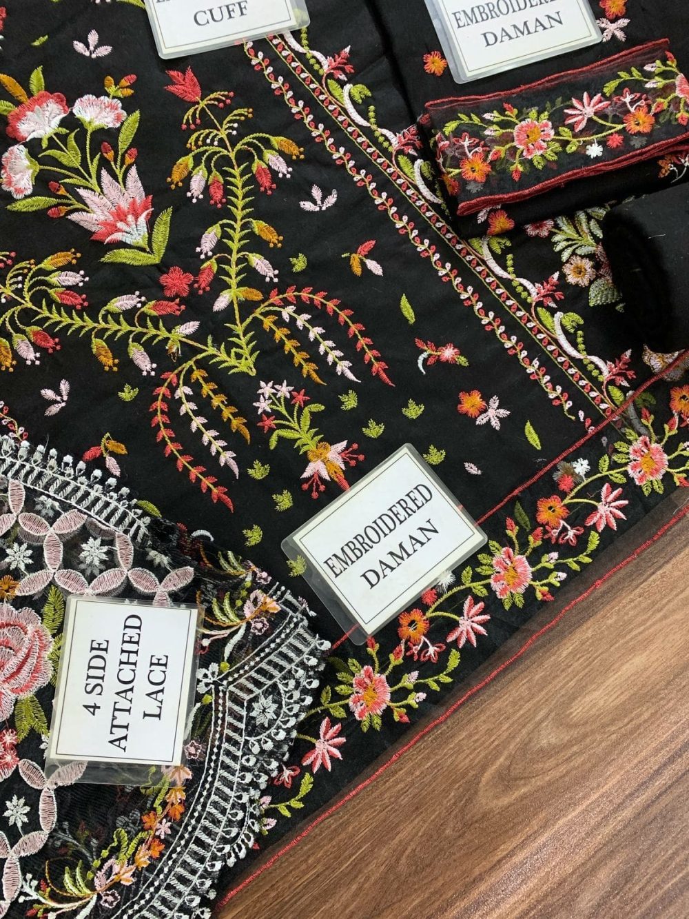 Qalamkar Unstitched Black Embroidered 3 Piece Cotton Suit - Image 9