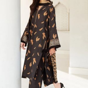 Baroque black lawn suit with feather and leopard print, styled with mustard dupatta