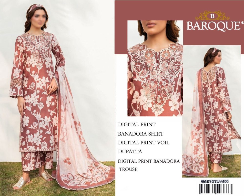 Close-up of neckline embroidery and floral pattern on Baroque Banadora digital print suit, Back and side view of Baroque maroon digital printed lawn suit with light Voil dupatta
