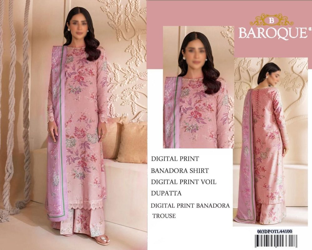 Baroque unstitched pink lawn suit with floral digital print and Voil dupatta – front view, Back view of Baroque pink digital print suit with matching dupatta and wide-leg trousers