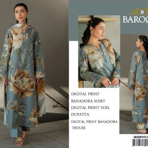 Teal blue floral Baroque lawn suit with digital printed voile dupatta and Banadora trousers.