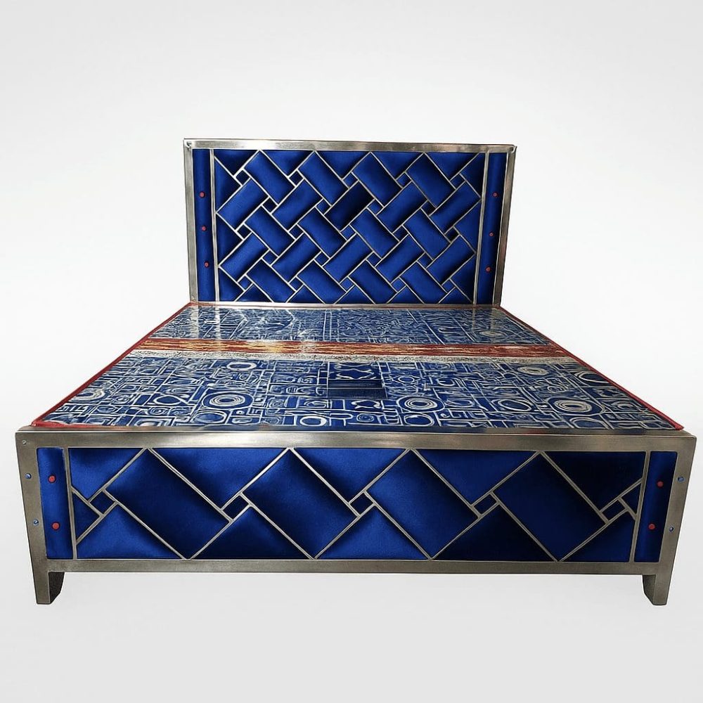 Blue stainless steel king size double bed with sleek metallic frame and modern bedroom interior