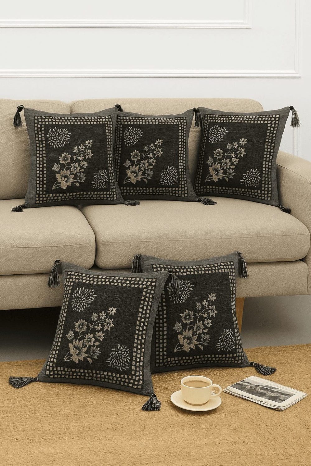 5-piece black cushion cover set with stylish design for home décor