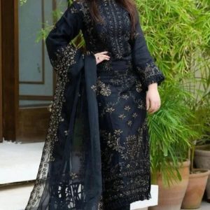 Dananeer zinc 3-piece lawn suit with front and sleeve embroidery and embroidered chiffon dupatta