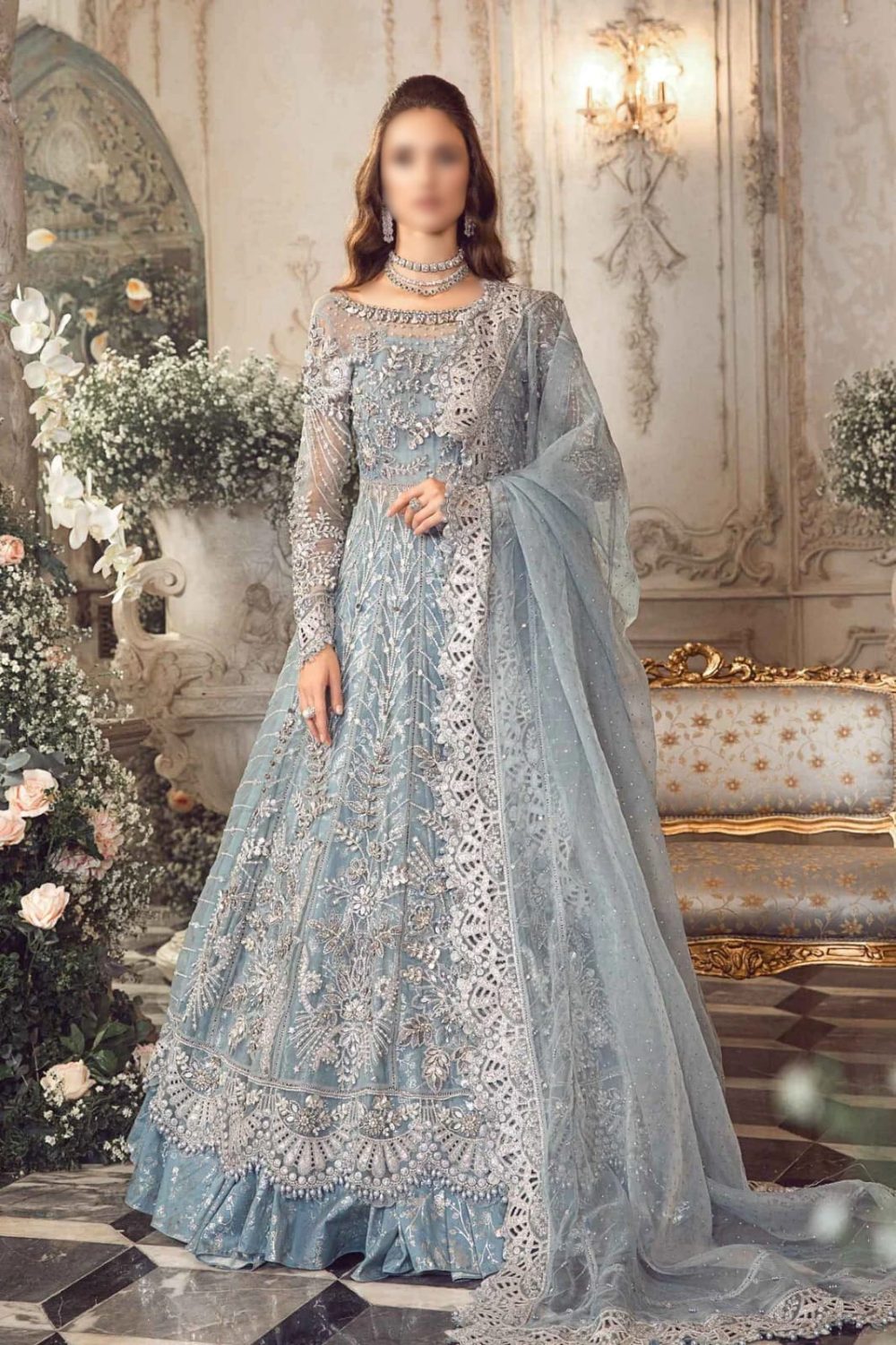 Luxurious Unstitched 3pc Embroidered Bridal Dress Organza - Image 2
