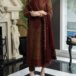 Bonanza Unstitched Maroon Embroidered 3 Piece Lawn Suit