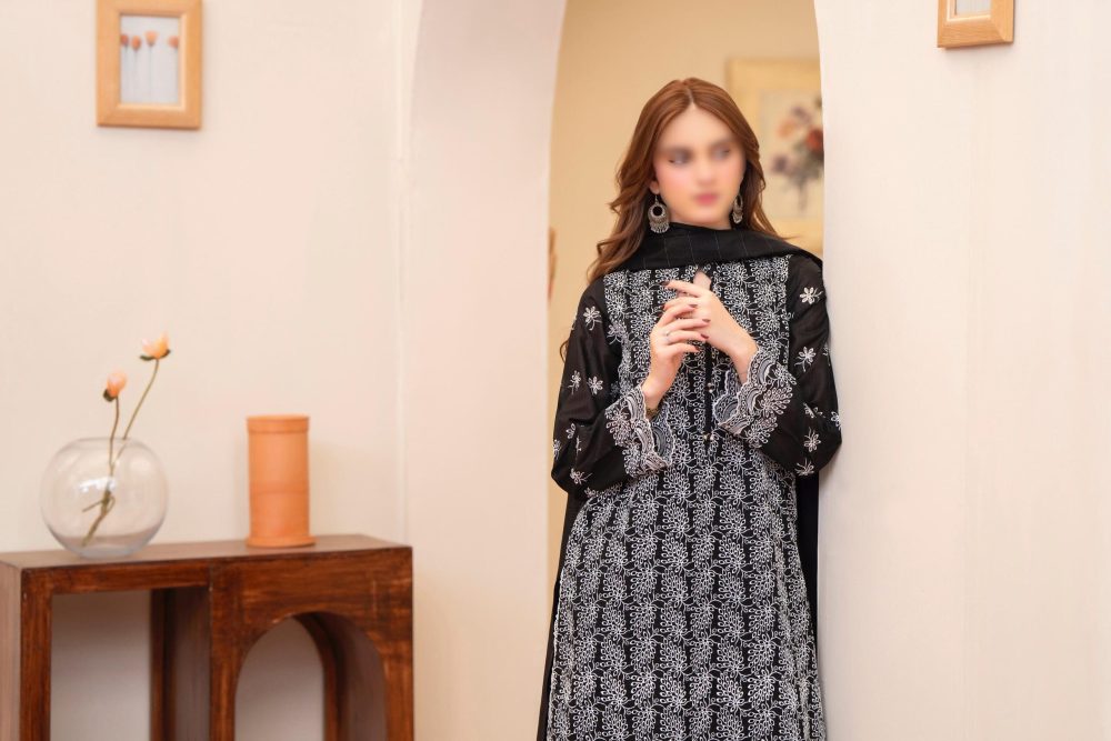 Merakhi Unstitched Black Embroidered 3 Piece Lawn Suit - Image 3