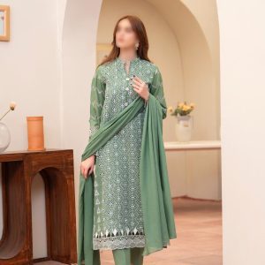 Merakhi 3PC lawn Chickenkari suit with laser-cut embroidery, embroidered sleeves, and green slub dupatta