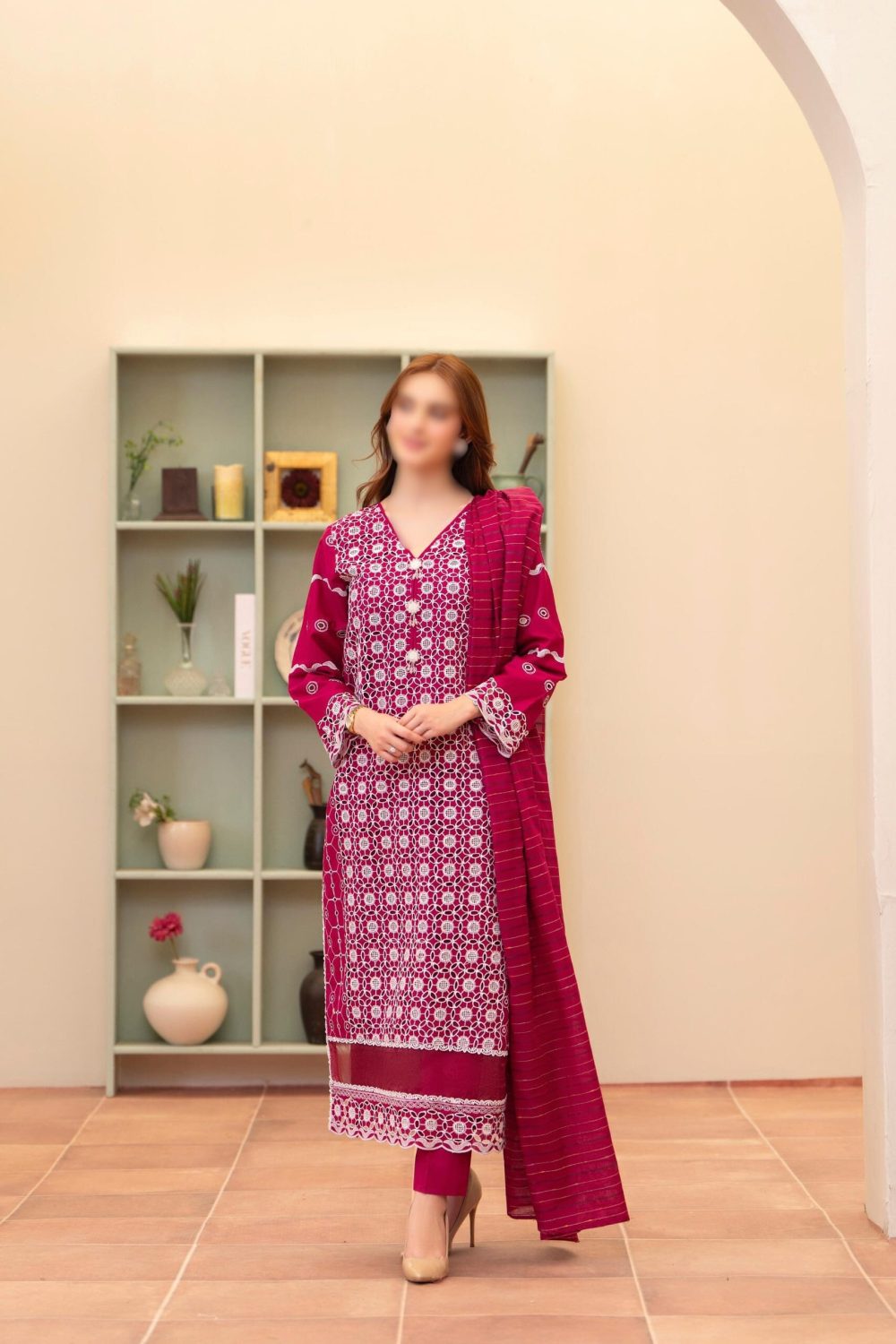 Merakhi Red 3pc Lawn Chickenkari Suit Laser-Cut Embroidery