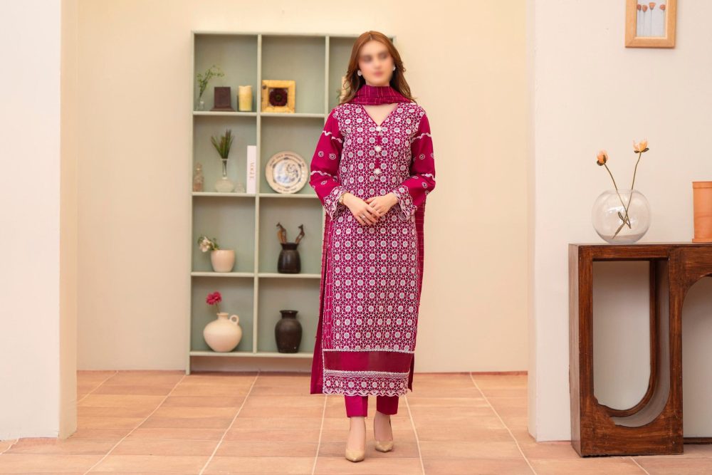 Merakhi Red 3pc Lawn Chickenkari Suit Laser-Cut Embroidery - Image 2