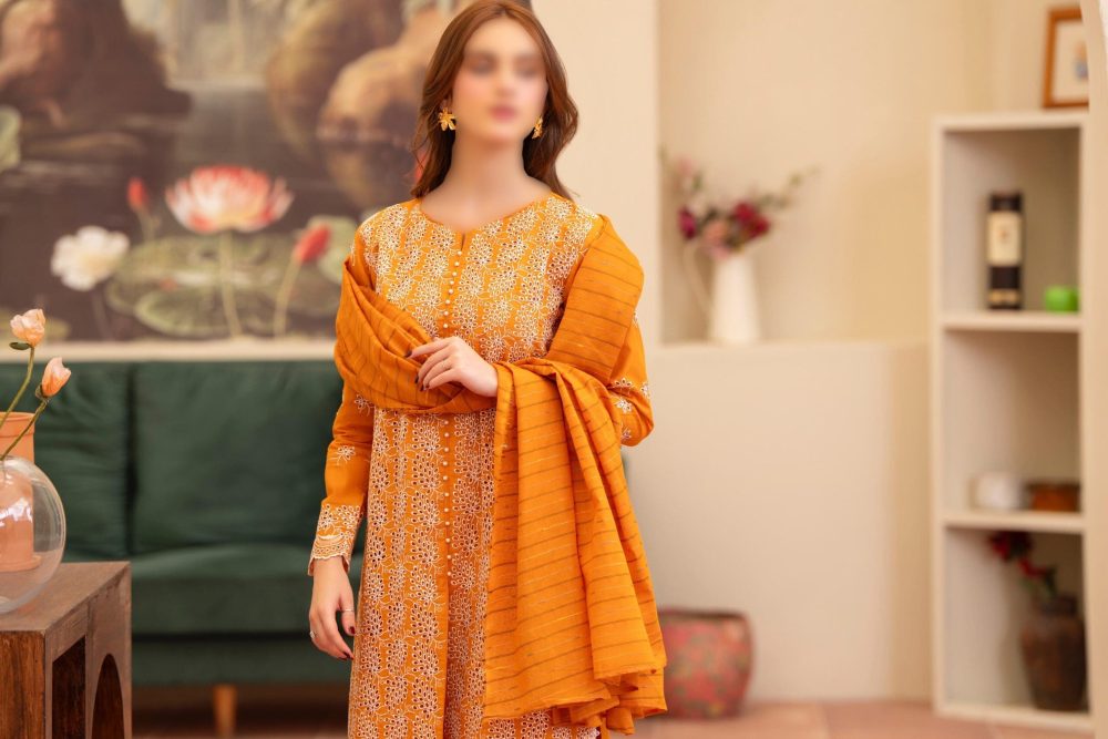 Merakhi Unstitched Mustard Embroidered 3 Piece Lawn Suit - Image 9