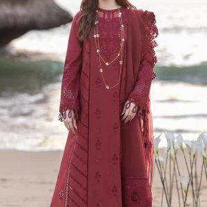 Model wearing Qalamkar Summer Lawn 2025 unstitched embroidered lawn suit, styled with lightweight dupatta – showcasing elegant seasonal fashion for women