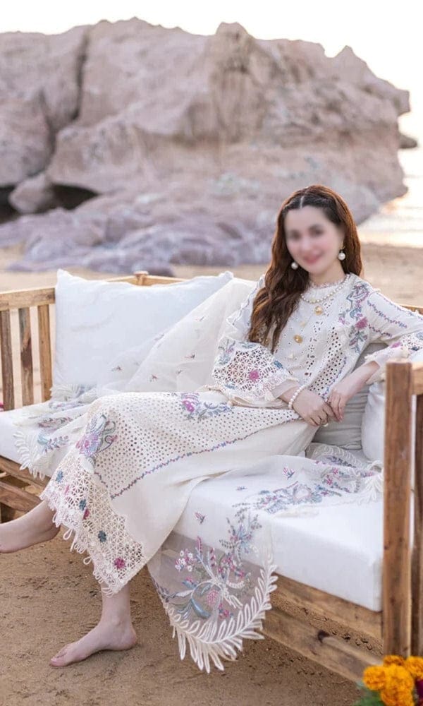 Qalamkar Unstitched Off White Embroidered 3 Piece Lawn Suit - Image 3