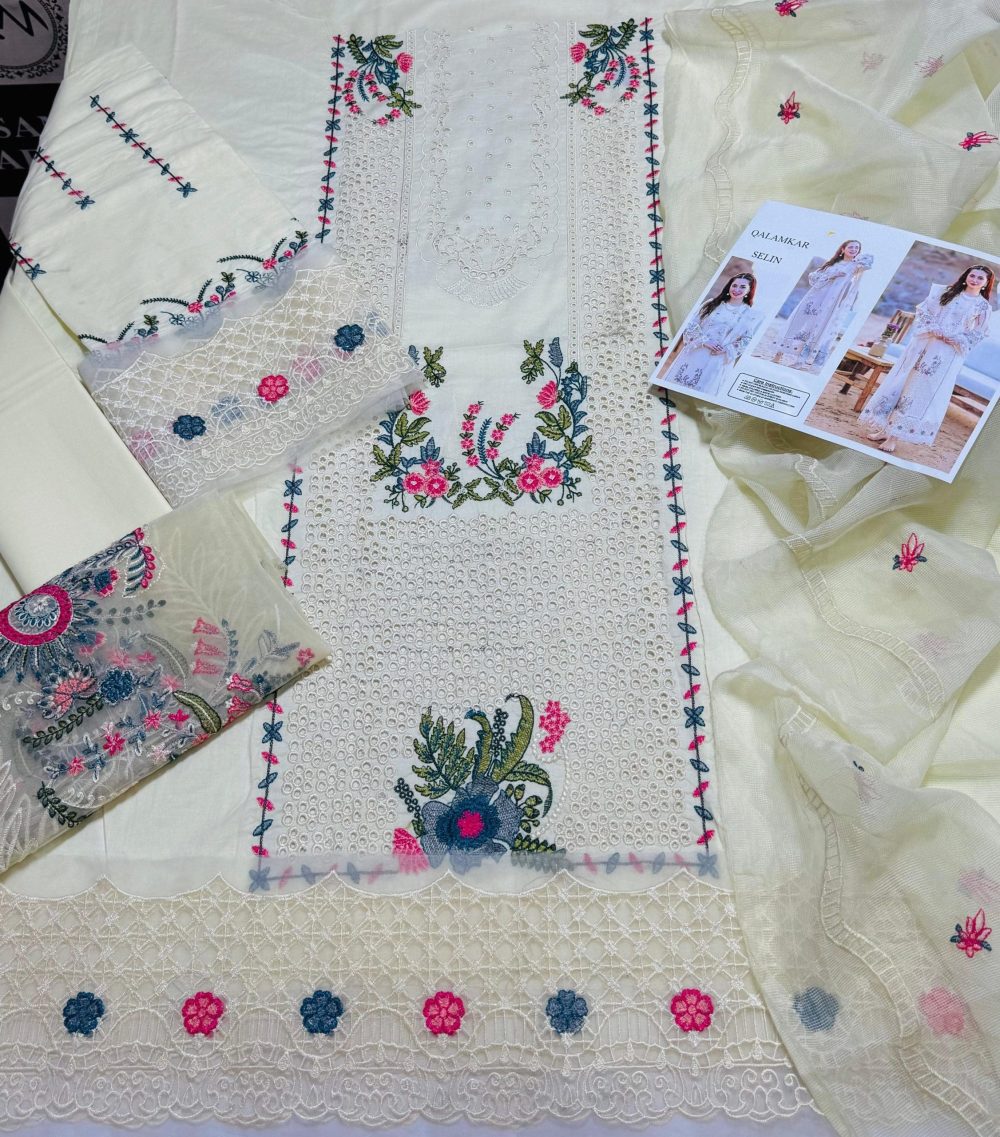 Qalamkar Unstitched Off White Embroidered 3 Piece Lawn Suit - Image 5