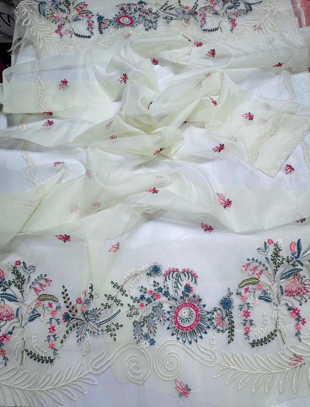 Qalamkar Unstitched Off White Embroidered 3 Piece Lawn Suit - Image 6