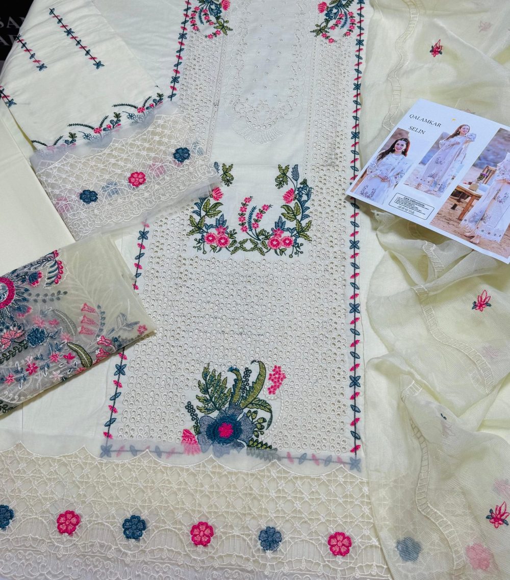 Qalamkar Unstitched Off White Embroidered 3 Piece Lawn Suit - Image 7