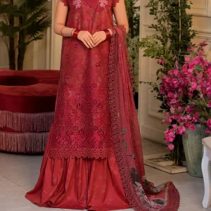 Unstitched Red Maroon Chikankari 3 Piece Lawn Suit