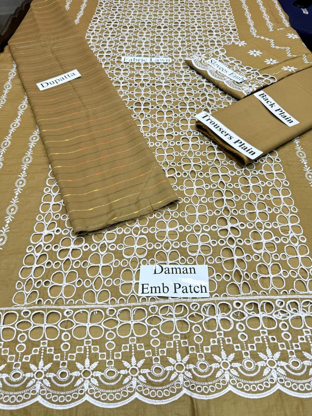 Merakhi Unstitched Golden Chickenkari 3 Piece Lawn Suit - Image 3