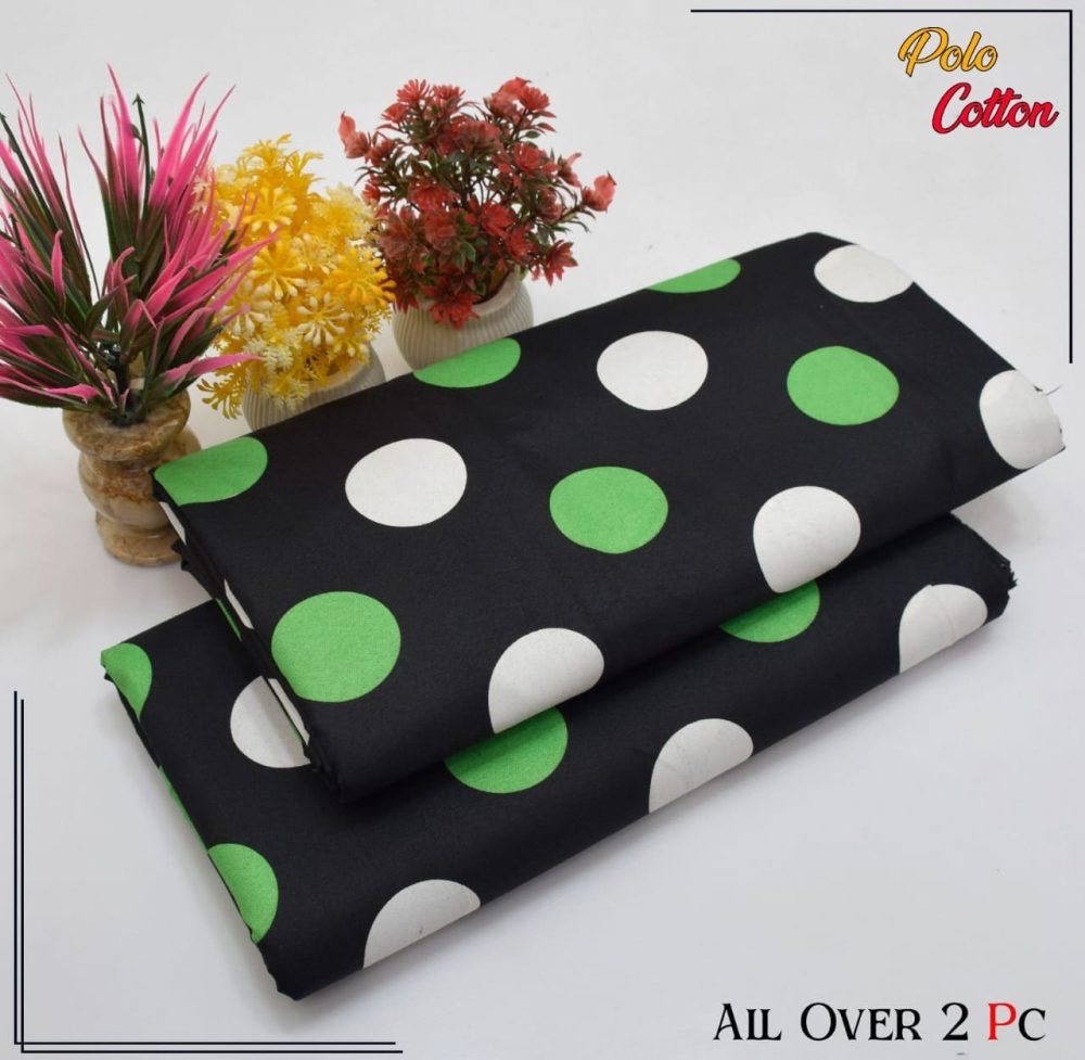 Zong Unstitched White Green Dotted 2 Piece Cotton Suit