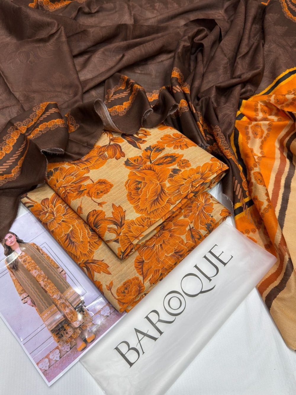 Mustard beige unstitched Baroque lawn suit with printed dupatta and floral design