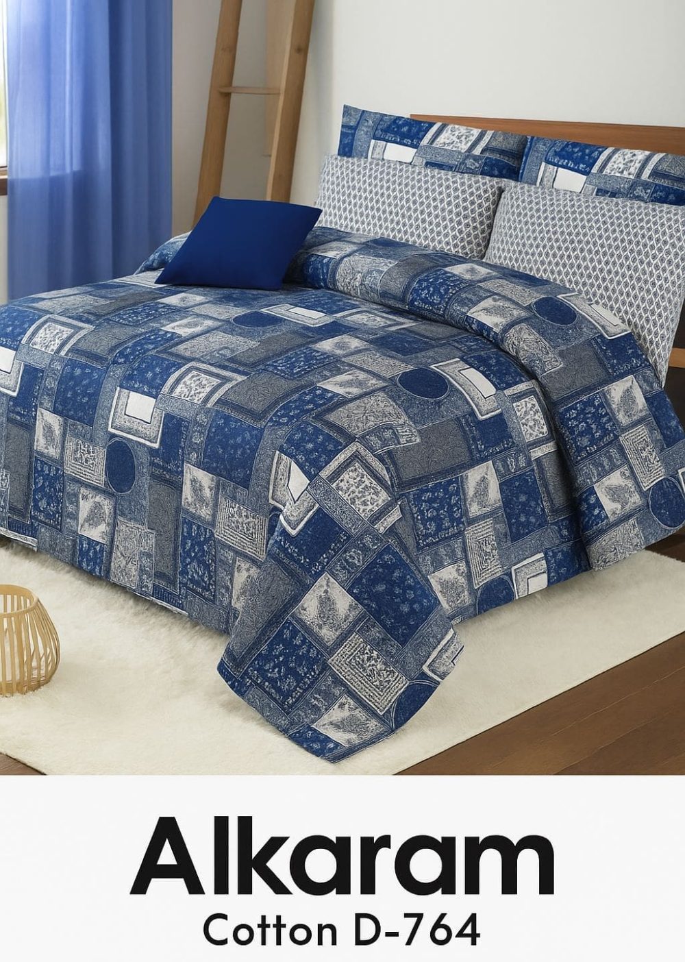 Alkaram Design D-764 multicolor cotton bed sheet with blue patchwork print and two pillow covers