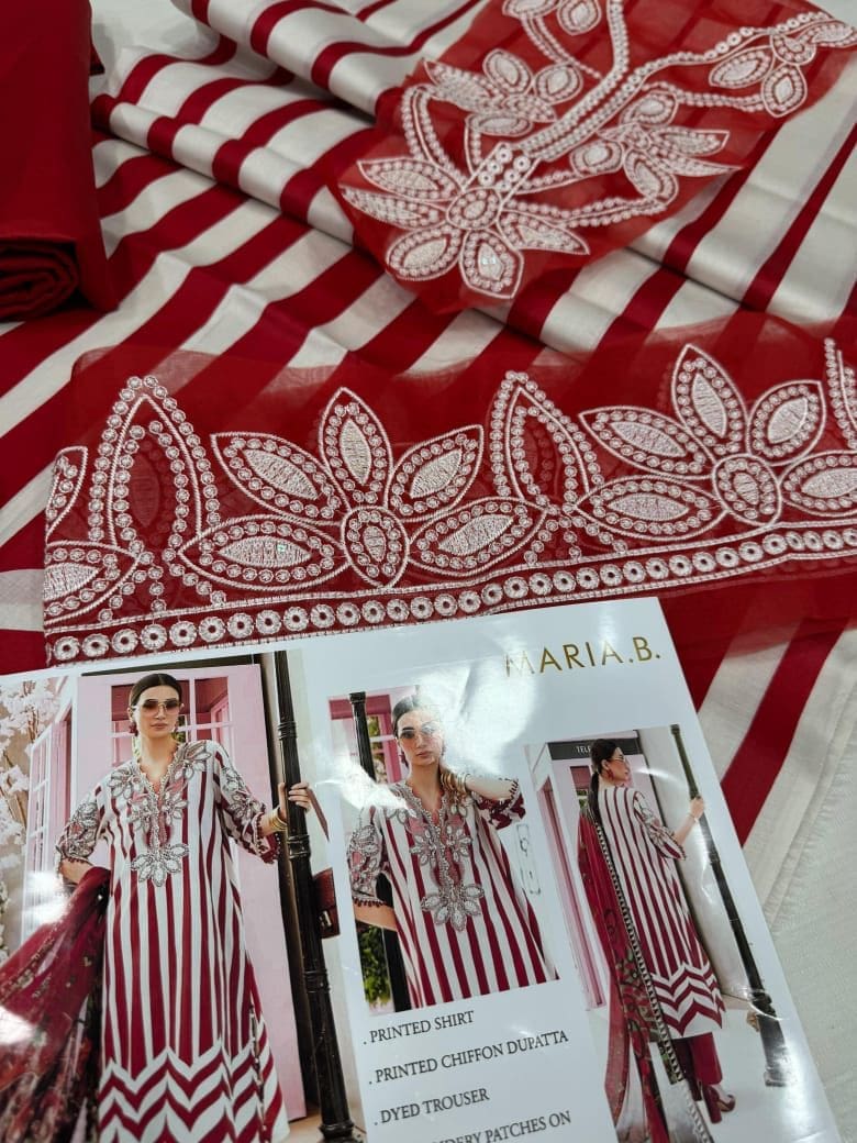 Maria B Unstitched Red Spangle 3 Piece Lawn Suit - Image 3