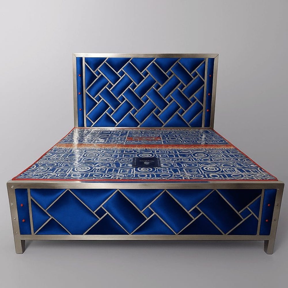 Blue king size stainless steel double bed with sleek metallic frame and modern bedroom interior