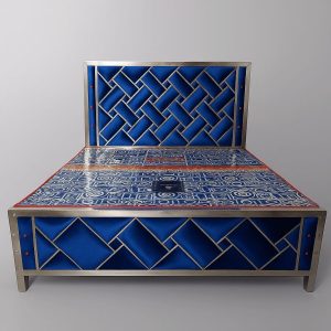 Blue king size stainless steel double bed with sleek metallic frame and modern bedroom interior