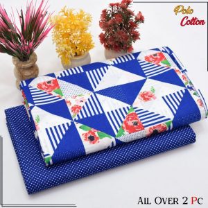 Floral Unstitched Blue Red 2 Piece Cotton Suit
