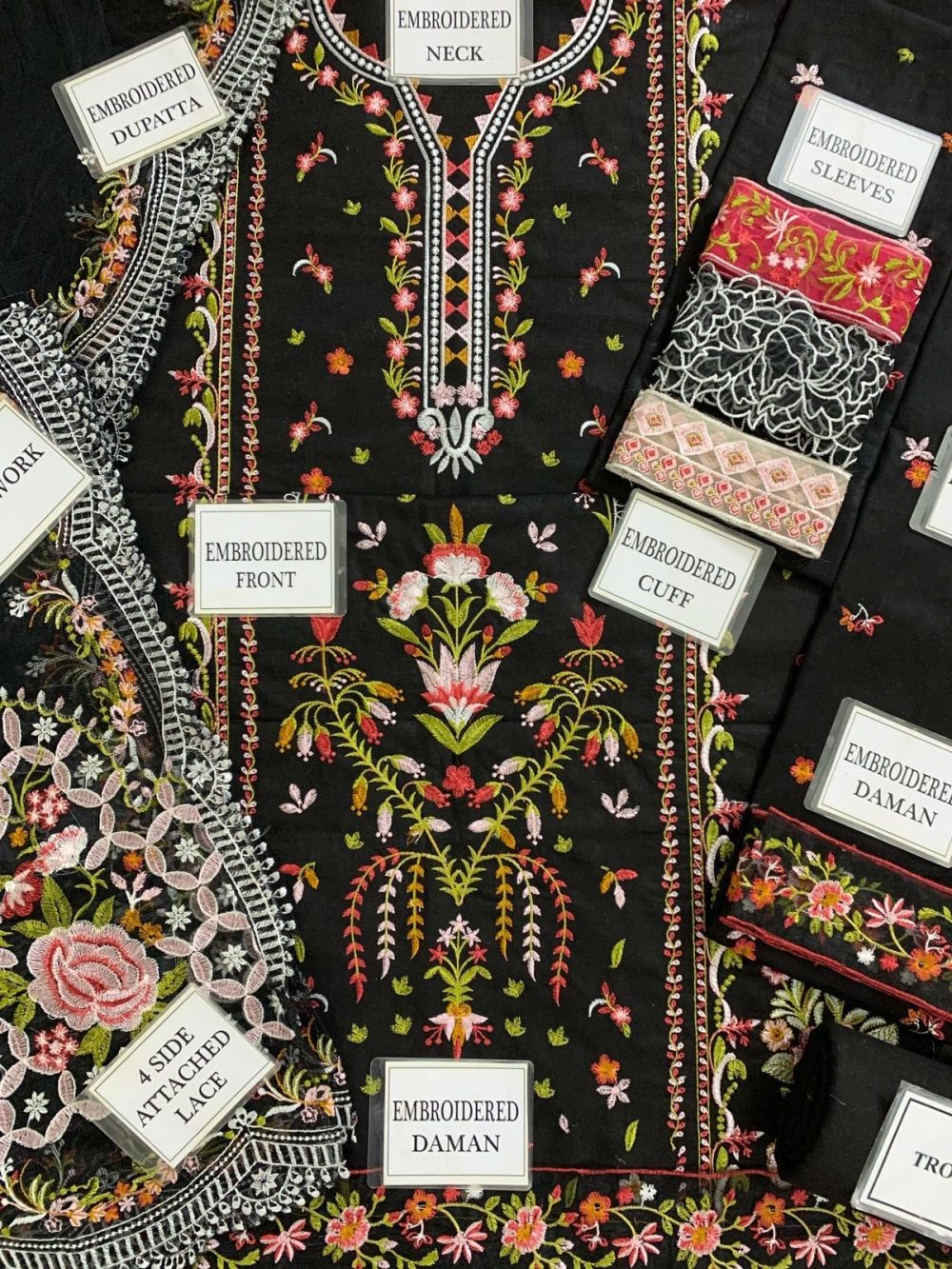 Qalamkar Unstitched Black Embroidered 3 Piece Cotton Suit - Image 6