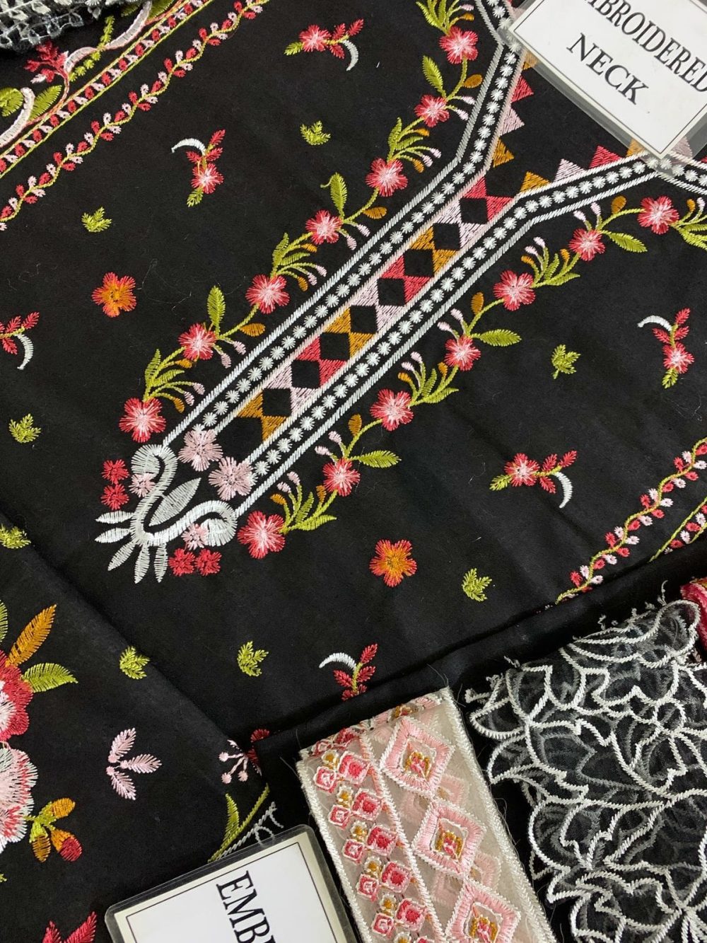 Qalamkar Unstitched Black Embroidered 3 Piece Cotton Suit - Image 5