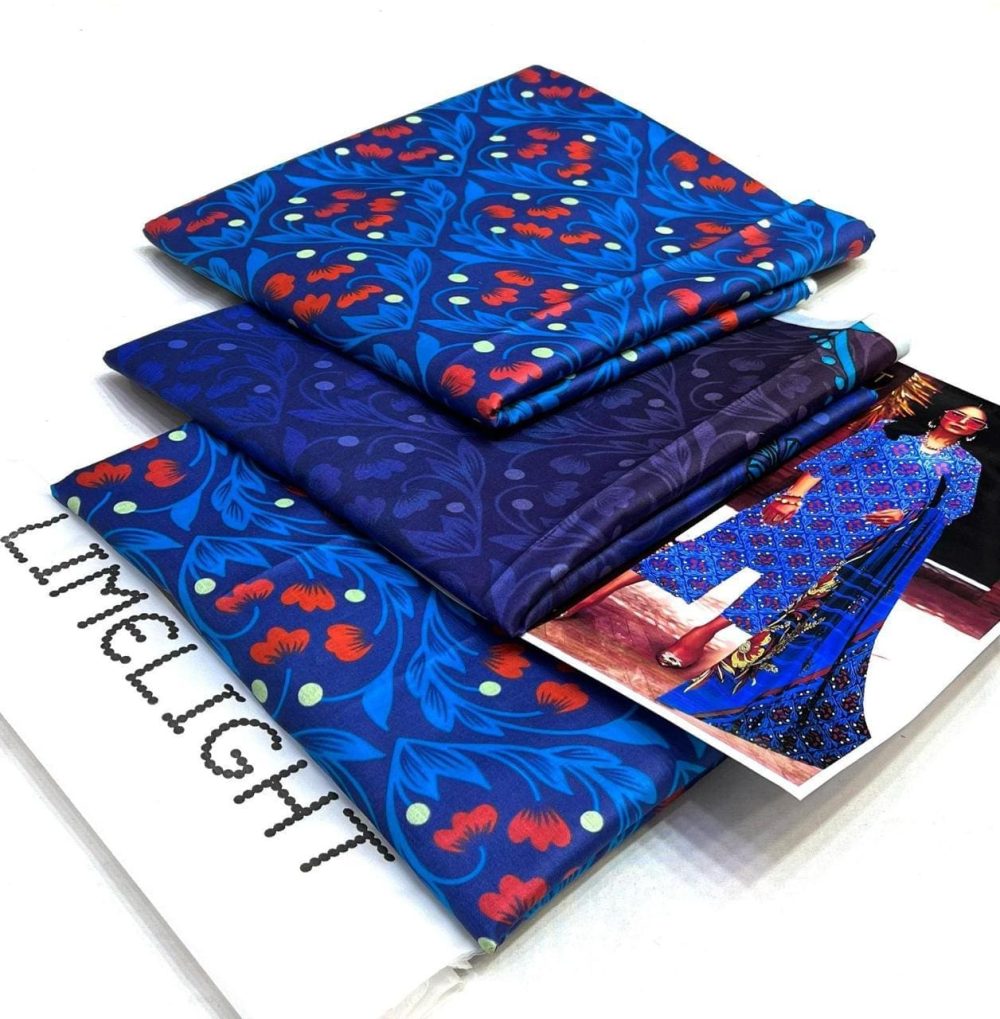 Blue printed lawn suit by Limelight with chiffon dupatta and plain trousers – unstitched 3-piece summer outfit