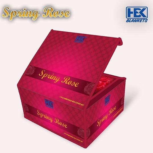 Spring Rose 4-piece velvet blanket set in purple floral design on double bed With Box