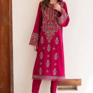 Model wearing front-open 2 piece unstitched airjet lawn suit in breathable summer fabric with printed shirt and plain trousers