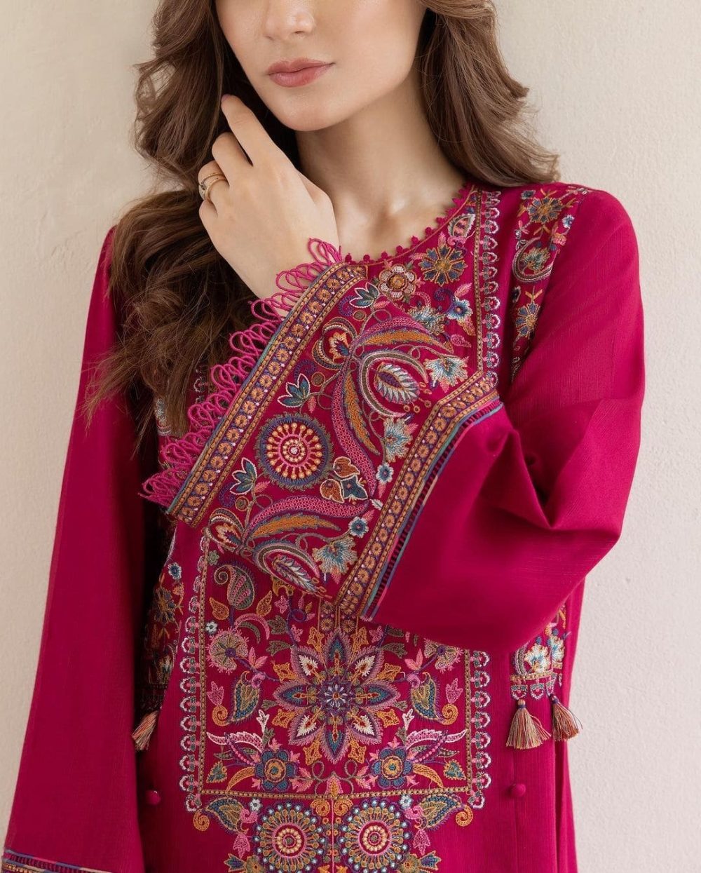 Model displaying front view of unstitched 2 piece airjet lawn suit for summer in breathable fabric