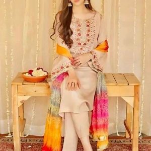 Model wearing ASLING 3 Piece Unstitched Summer Lawn Suit for Women featuring a printed lawn shirt, plain trousers, and a vibrant printed dupatta – styled for a breezy summer look.