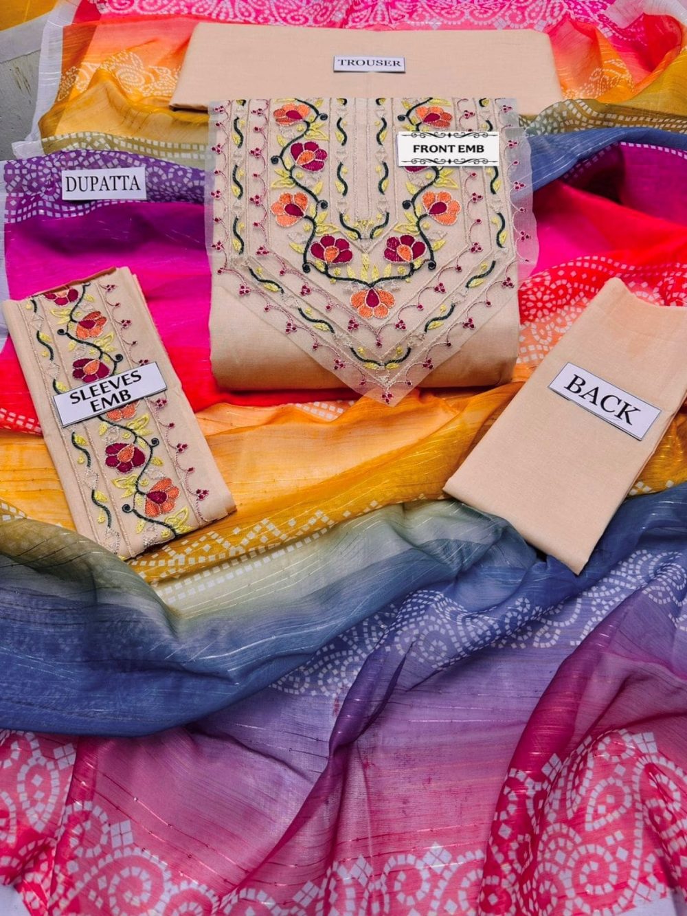 ASLING 3 Piece Unstitched Summer Lawn Suit fabric displayed – includes printed lawn shirt, plain trousers, and matching printed dupatta neatly spread out.