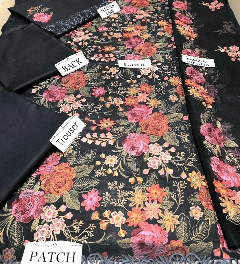Bareeze black embroidered lawn suit with chiffon dupatta – close-up view highlighting intricate threadwork and fabric texture