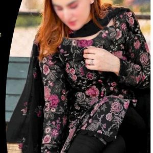 Model wearing Bareeze black embroidered lawn suit paired with chiffon dupatta, styled for an elegant summer look