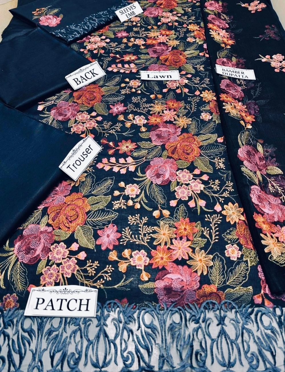 Bareeze blue embroidered lawn suit displayed with chiffon dupatta – front and dupatta detailing in focus