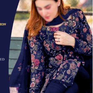 Model wearing Bareeze blue embroidered lawn suit styled with chiffon dupatta, showcasing elegant summer fashion