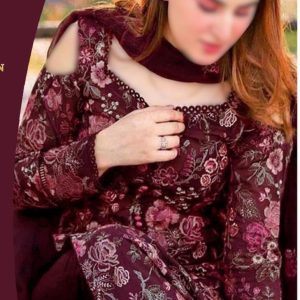 Model wearing Bareeze maroon embroidered lawn suit with chiffon dupatta and dyed trouser