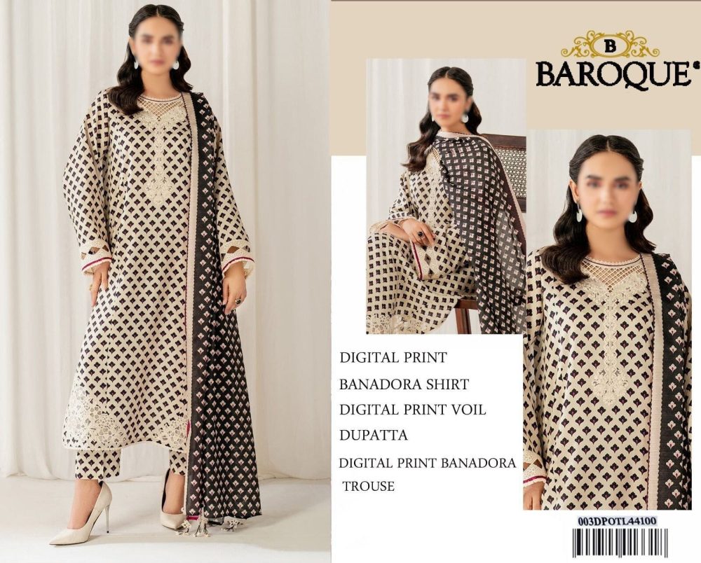 Model wearing Baroque digital print cream lawn suit with black printed dupatta – front and side views