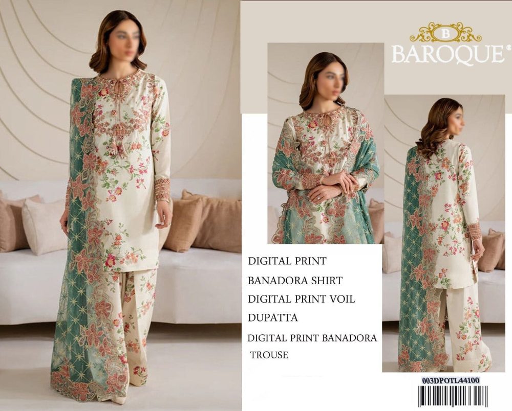 Baroque off-white lawn suit with floral print and green embroidered voile dupatta