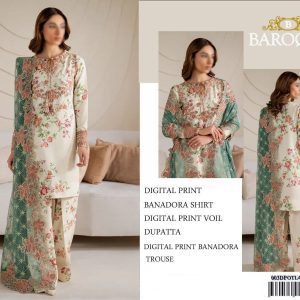 Baroque off-white lawn suit with floral print and green embroidered voile dupatta
