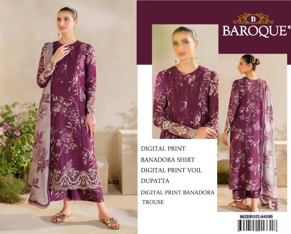 Baroque model in digital printed plum Banadora shirt and voile dupatta