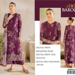 Baroque model in digital printed plum Banadora shirt and voile dupatta