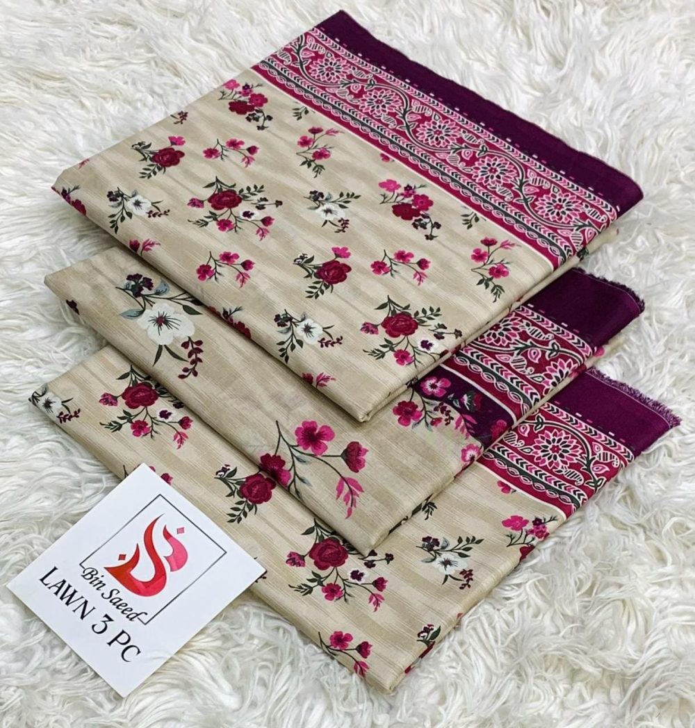 Bin Saeed airjert Cream 3pc Unstitched Lawn Suit
