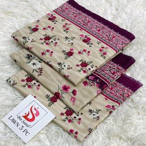 Bin Saeed airjert Cream 3pc Unstitched Lawn Suit